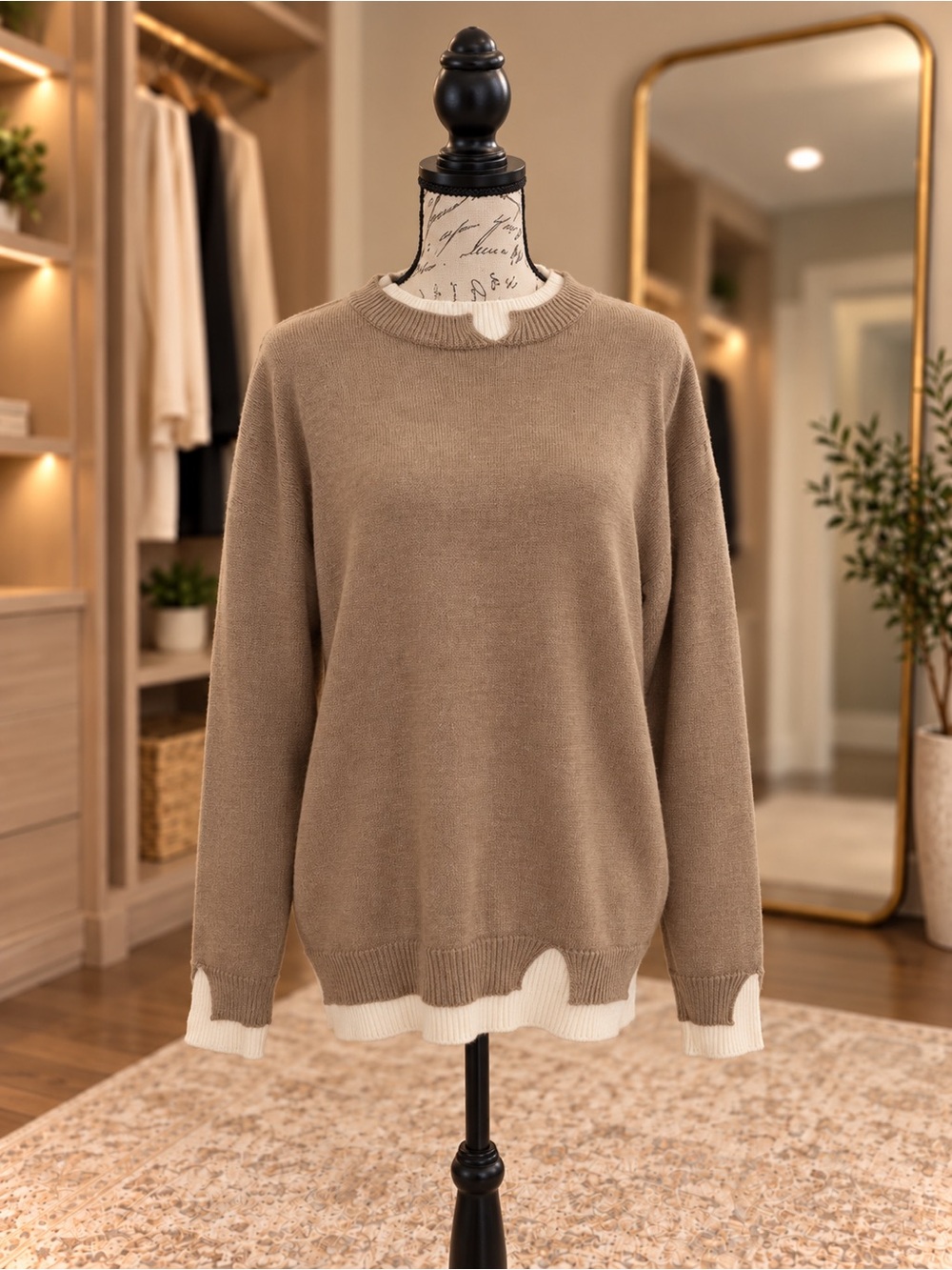 Tan Contrast Trim Sweater Size Medium